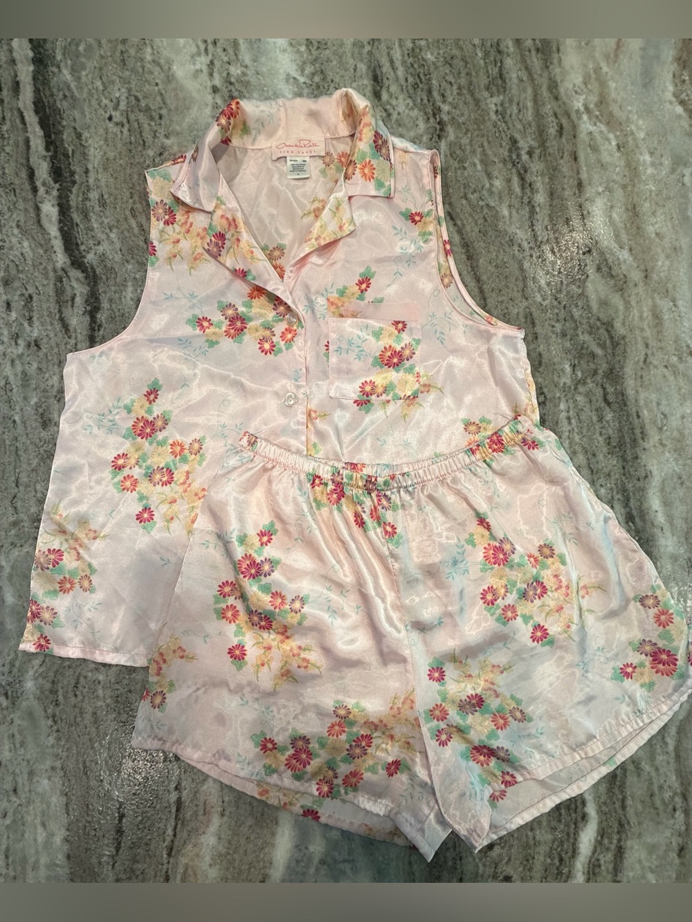 Oscar de la Renta Pink Label Pink Floral Satin Pajama Set M Sleeveless Lounge